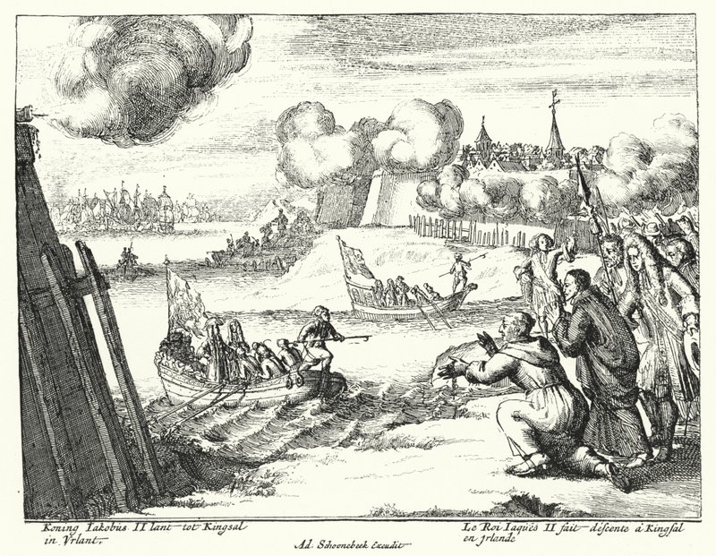 El rey Jacobo II de Inglaterra desembarcando en Kinsale, Irlanda de German School