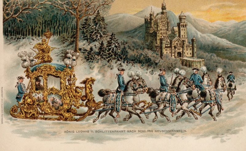 El rey Luis II de Baviera viaja al castillo de Neuschwanstein en un trineo dorado (cromolito) de German School