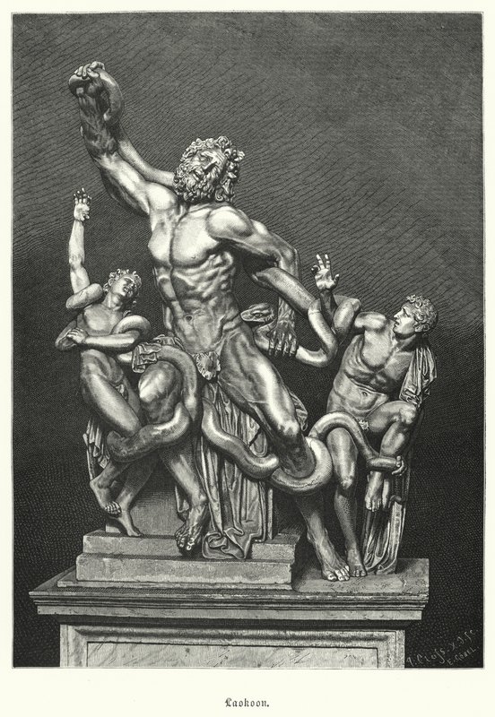 Laocoonte y sus hijos, escultura griega o romana antigua excavada en Roma en 1506 de German School