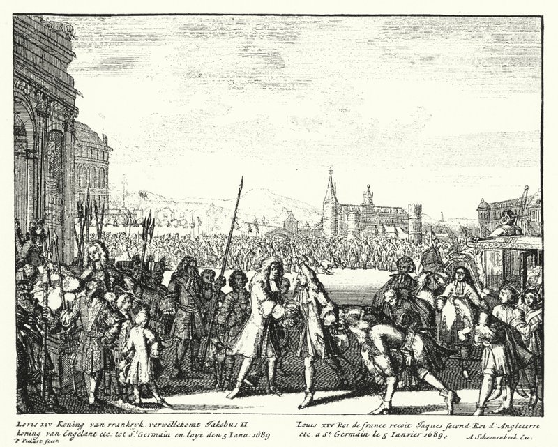 Luis XIV de Francia dando la bienvenida a Jacobo II de Inglaterra en el exilio de German School