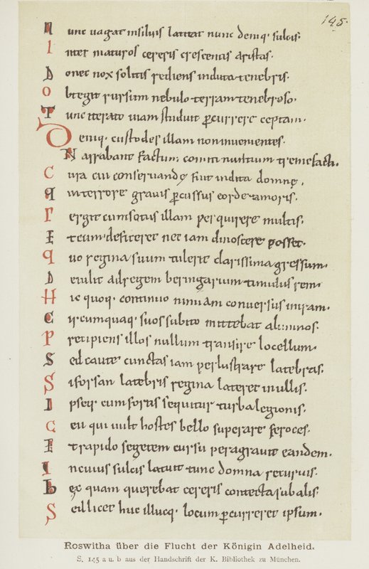 Manuscrito escrito por Hrotswitha de Gandersheim describiendo la fuga de la Reina Adelheid de German School