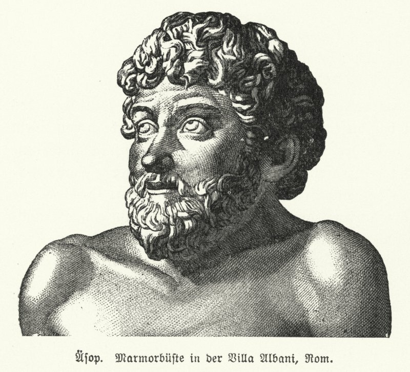 Busto de mármol de Esopo (c620-564 a.C.), fabulista griego antiguo (litografía) de German School