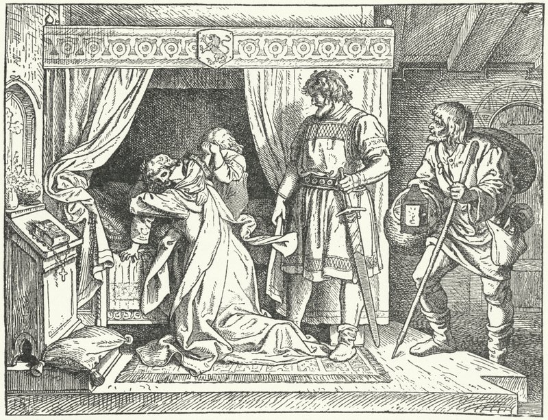 Margarita de Sicilia, hija del Emperador del Sacro Imperio Romano Germánico Federico II, dejando a sus hijos tras descubrir el adulterio de su esposo, Alberto el Degenerado, Margrave de Meissen de German School