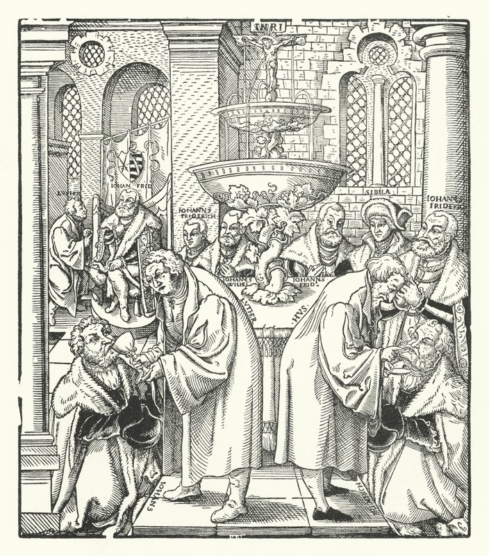 Martín Lutero y Jan Hus administrando la Sagrada Comunión a la familia real sajona de German School