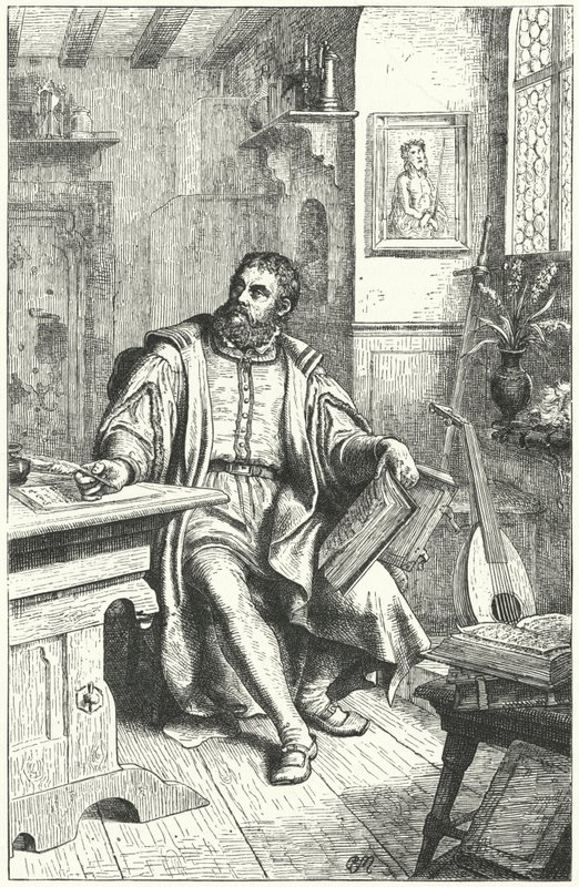 Martín Lutero traduciendo la Biblia al alemán (grabado) de German School