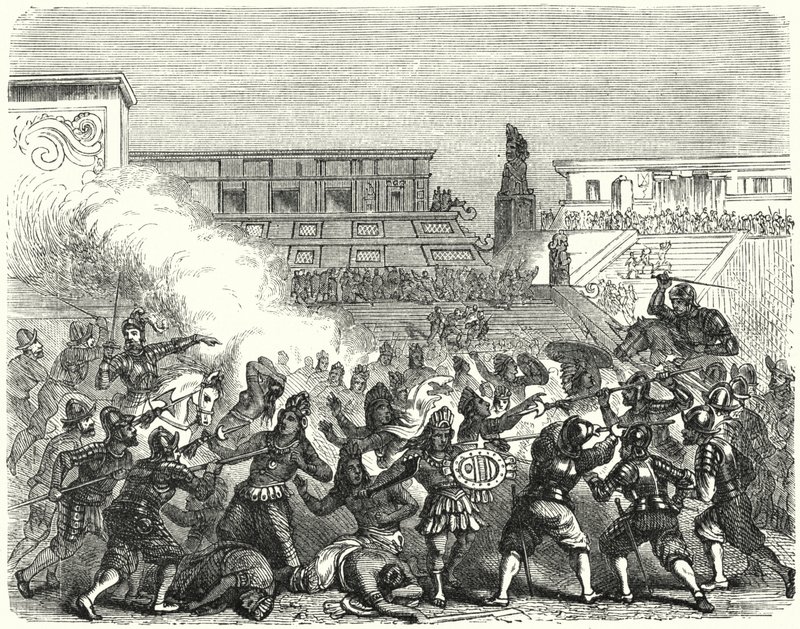 Masacre de guerreros y nobles aztecas en Cholula por los conquistadores españoles de Hernán Cortés de German School