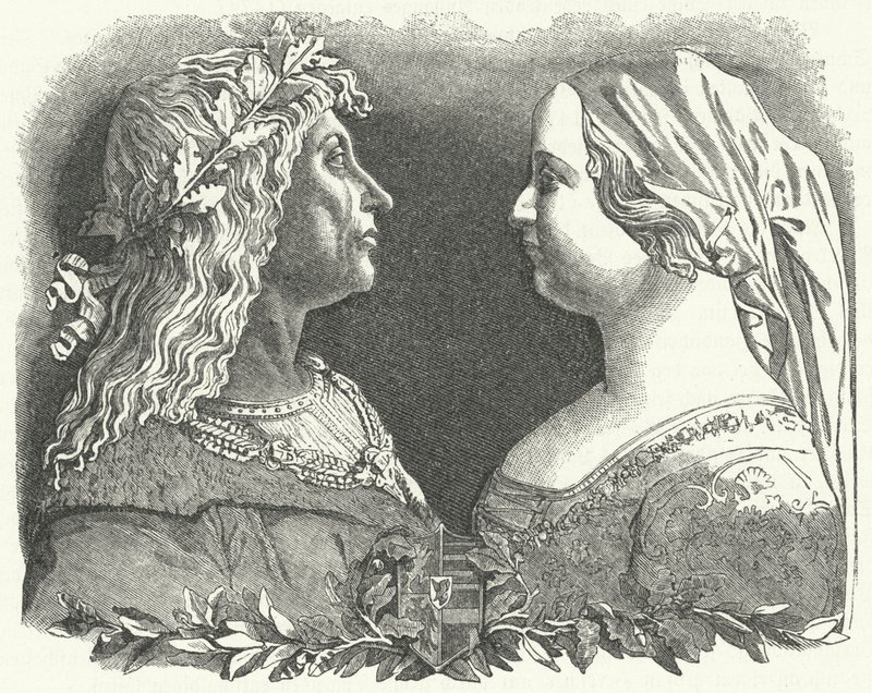 Matías Corvino, rey de Hungría, y su reina, Beatriz de Nápoles (grabado) de German School