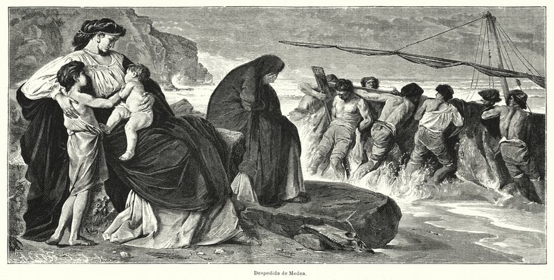 Despedida de Medea: escena de la tragedia griega antigua Medea de Eurípides, basada en la leyenda de Medea y Jason de German School
