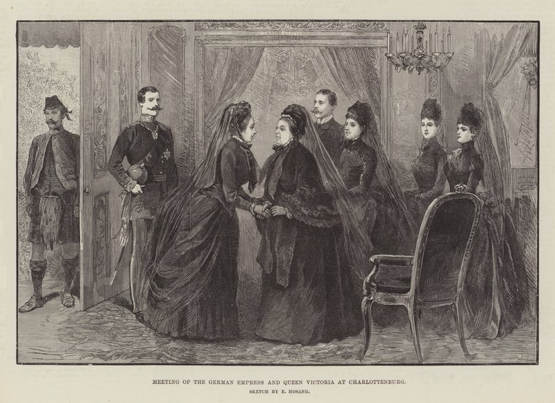 Encuentro de la emperatriz alemana y la reina Victoria en Charlottenburg (grabado) de German School
