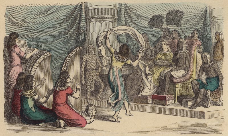 Músicos y bailarines actuando ante el faraón en el Antiguo Egipto de German School