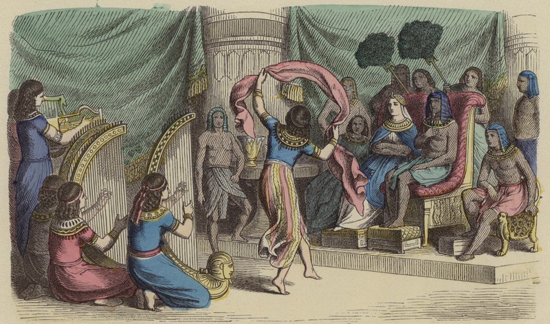 Músicos y bailarines actuando ante el Faraón en el Antiguo Egipto de German School