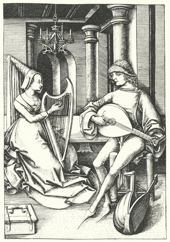 Músicos tocando el laúd y el arpa en una casa de campo en el siglo XV (grabado) de German School