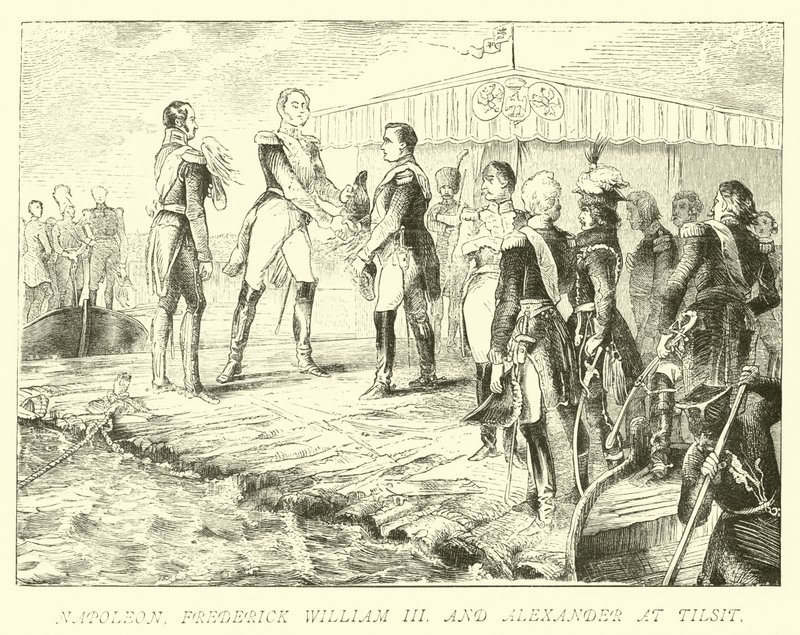 Napoleón, Federico Guillermo III y Alejandro en Tilsit de German School