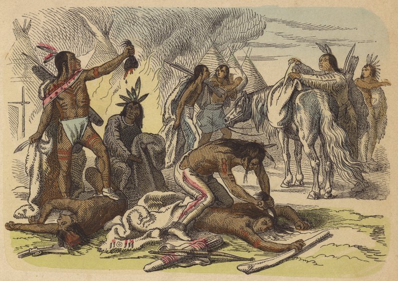 Valientes nativos americanos tomando los cabelleras de sus enemigos (grabado coloreado) de German School