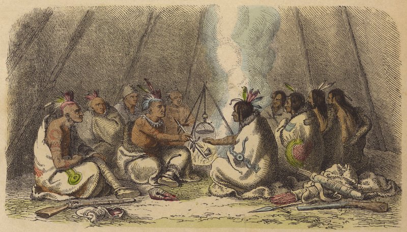 Nativos americanos de las tribus Fox y Raven fumando la pipa de la paz de German School