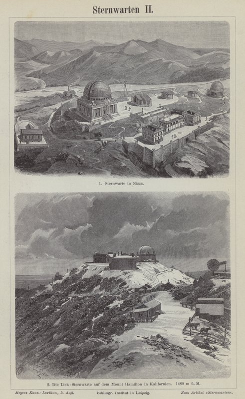 Observatorio de Niza, Francia, y el Observatorio Lick, Monte Hamilton, California, EE.UU. (grabado) de German School