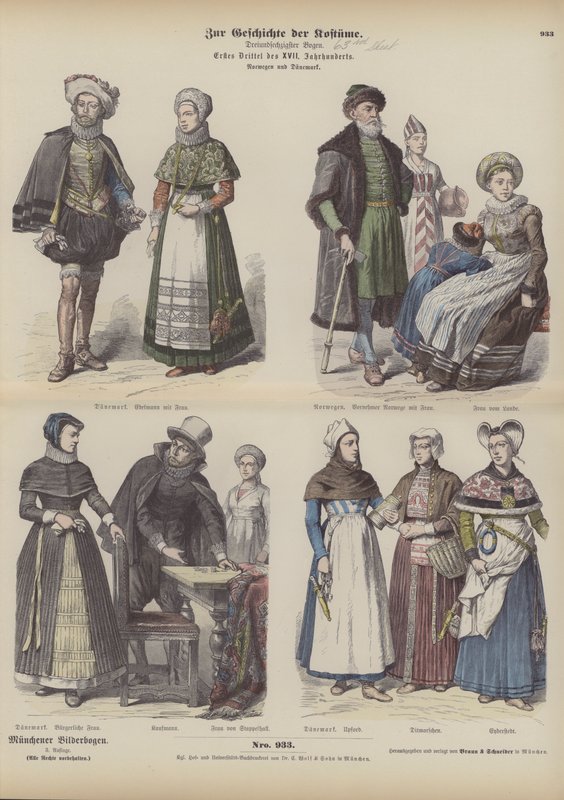 Trajes noruegos y daneses, principios del siglo XVII (grabado coloreado) de German School