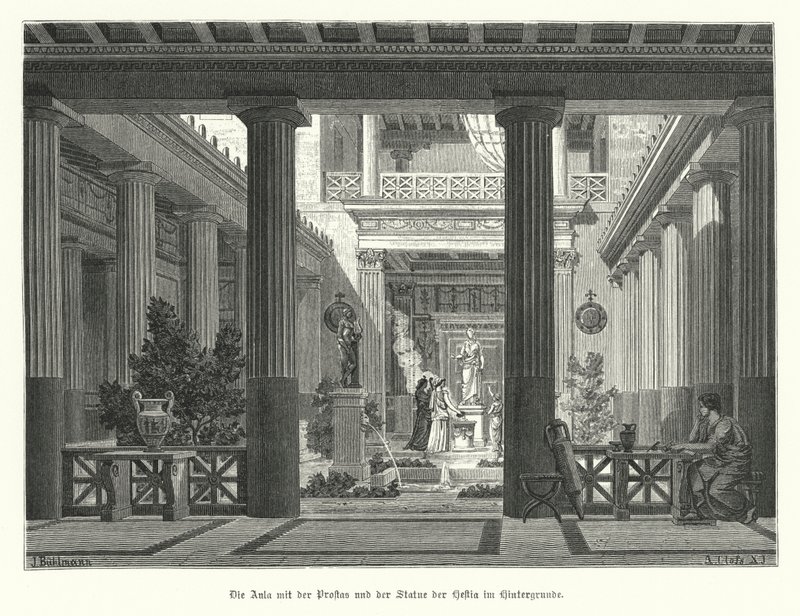 Patio abierto de una casa griega antigua, con una estatua de la diosa Hestia en el fondo de German School