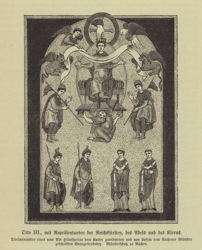 Otón III, emperador del Sacro Imperio Romano, con representantes de los príncipes, la nobleza y el clero de German School