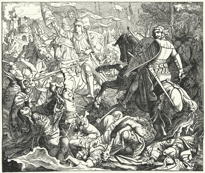 Otón I de Alemania derrotando a los magiares en la Batalla de Lechfeld, 955 de German School