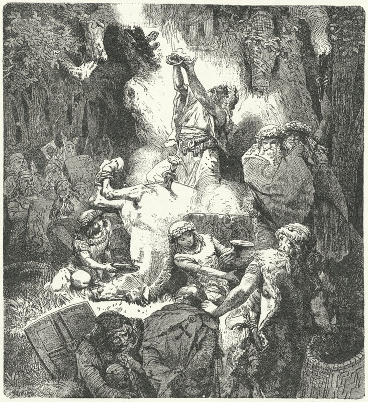 Lituanos paganos haciendo ofrendas en un bosque sagrado de German School