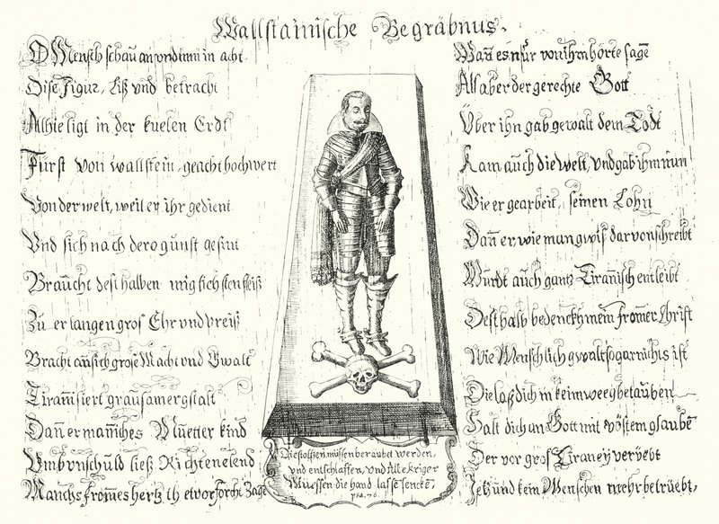 Folleto emitido en memoria del líder militar bohemio asesinado Albrecht von Wallenstein de German School