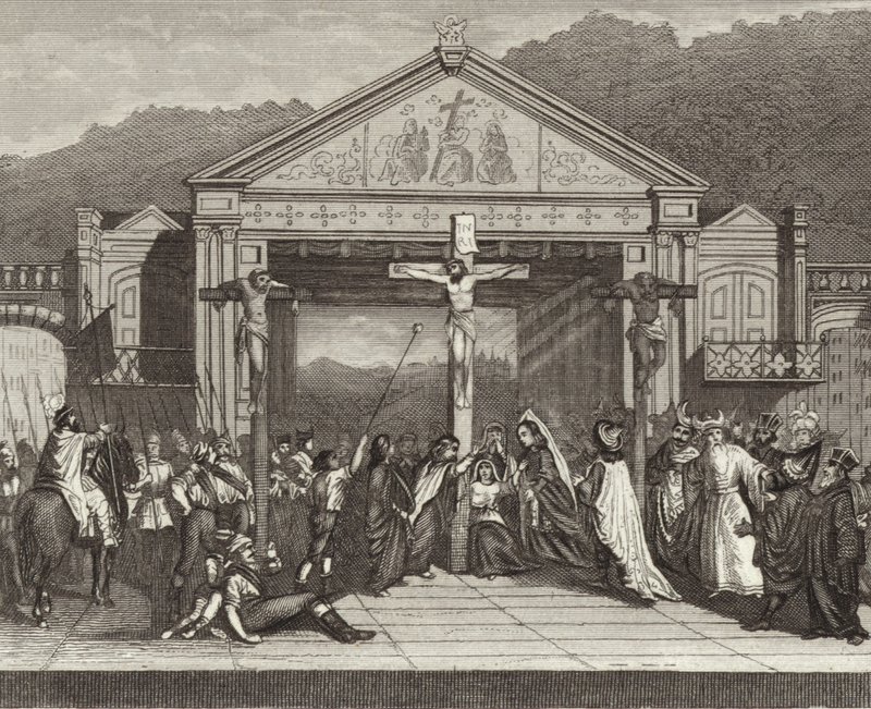 Juego de la Pasión en Oberammergau, Baviera, Alemania. Ilustración para Bilder-Atlas de German School