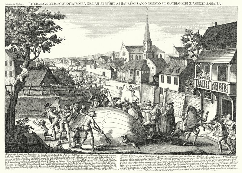 Campesinos atacando el globo de Jacques Charles y los Hermanos Robert después de que aterrizara en Gonesse, 27 de agosto de 1783 (grabado) de German School