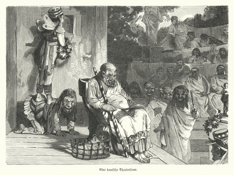 Representación de una comedia en un teatro de la Antigua Grecia (grabado) de German School