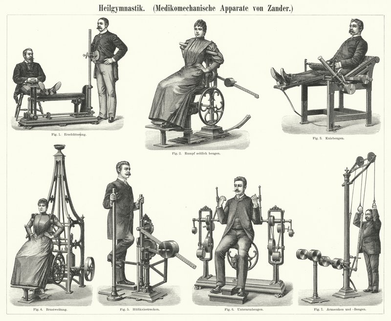 Fisioterapia: aparato de mecanoterapia inventado por el médico y ortopedista sueco Gustav Zander de German School