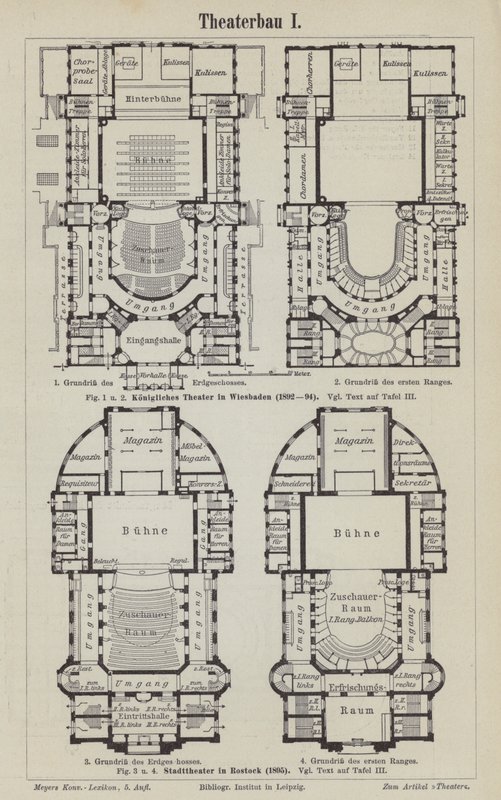Planos del Teatro Real, Wiesbaden y el Teatro Municipal, Rostock, Alemania (grabado) de German School