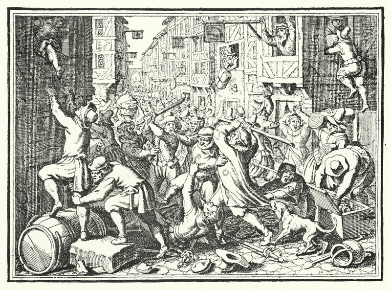 Saqueo del Judengasse, el gueto judío de Frankfurt, en el Levantamiento de Fettmilch, 1614 de German School
