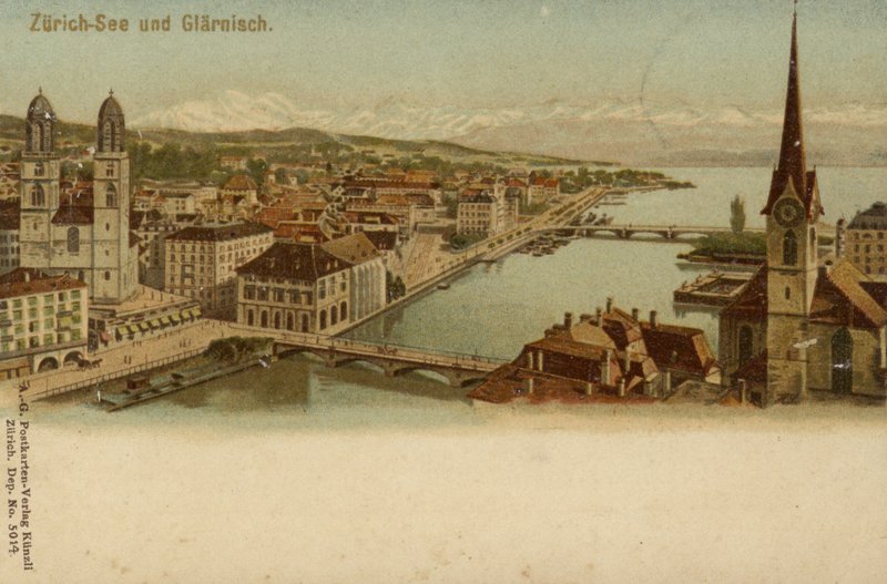 Postal que muestra una vista general de la ciudad de Zúrich de German School