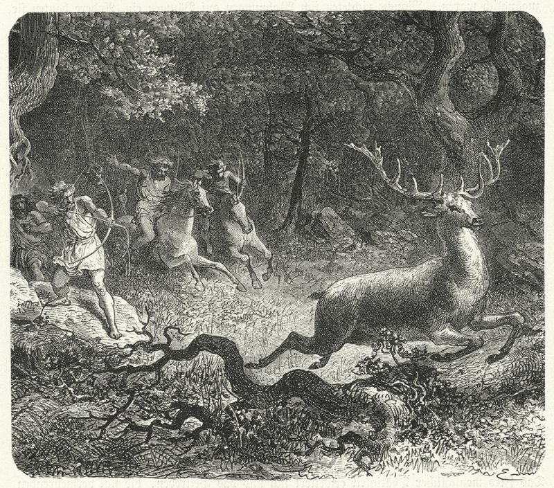 Hombres prehistóricos usando caballos para cazar (grabado) de German School
