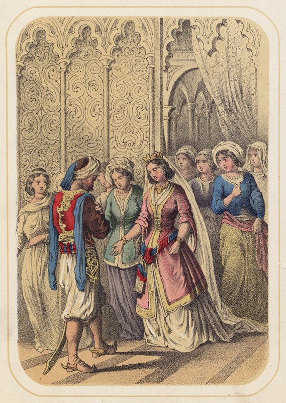 El príncipe Ahmed y la princesa Paribanou en una escena de Las mil y una noches (litografía en color) de German School