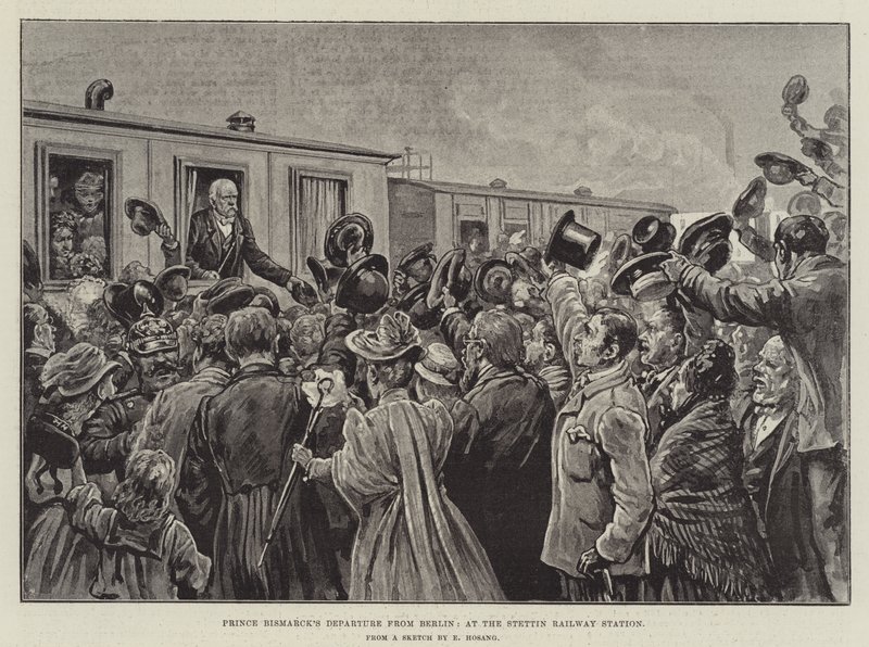 Salida del príncipe Bismarck de Berlín, en la estación de tren de Stettin (grabado) de German School