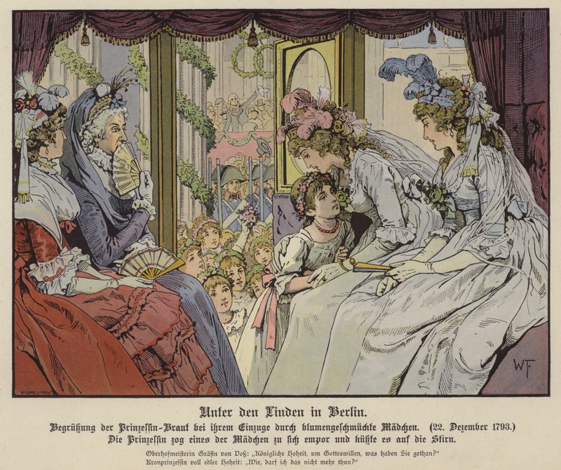 La princesa Luisa de Mecklemburgo-Strelitz besando a una de las niñas alineadas en Unter Den Linden para saludar su llegada a Berlín para su matrimonio con el príncipe heredero Federico III de Prusia, 22 de diciembre de 1793 de German School