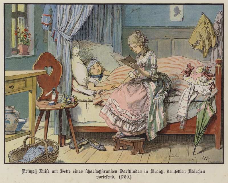 Princesa Luisa de Mecklenburg-Strelitz leyendo junto a la cama de una niña del pueblo enferma en Broich de German School