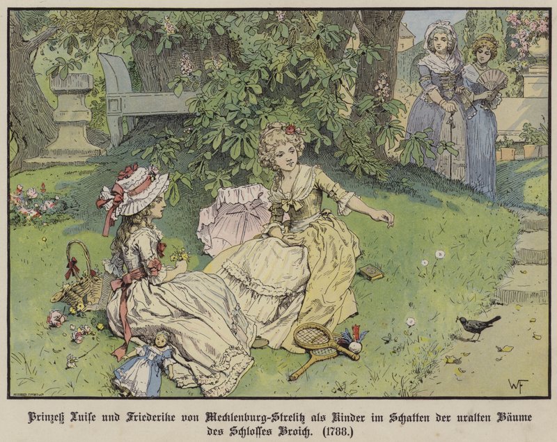 Princesas Luisa y Federica de Mecklenburg-Strelitz a la sombra bajo los árboles del Castillo Broich cuando eran niñas de German School