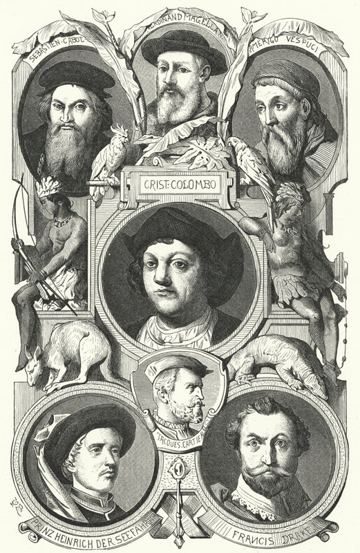 Figuras prominentes de la Era de los Descubrimientos (grabado) de German School