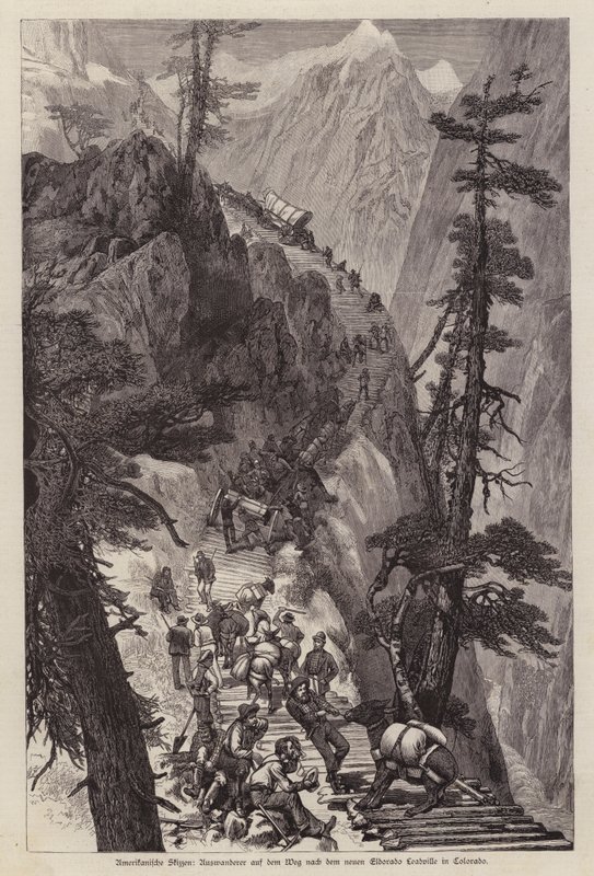 Buscadores viajando a través de las Montañas Rocosas para llegar a las minas de plata de Leadville, Colorado, EE.UU. de German School