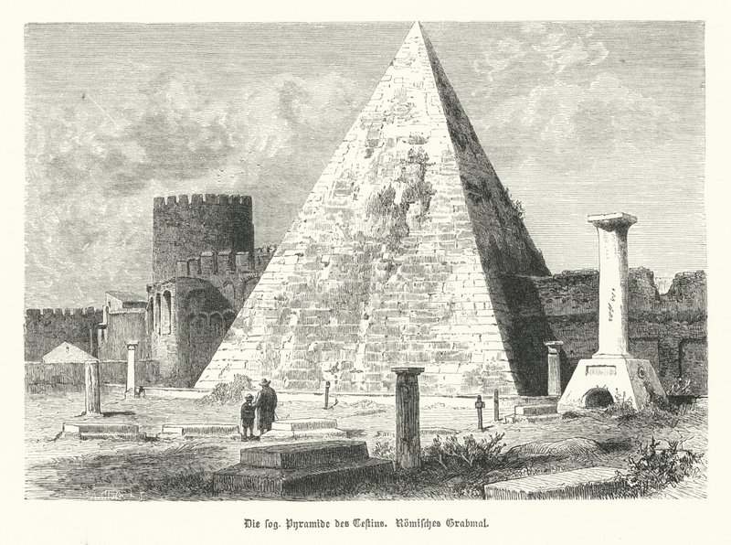 Pirámide de Cestio, tumba de Cayo Cestio, Roma, construida alrededor del 12 a.C. (grabado) de German School