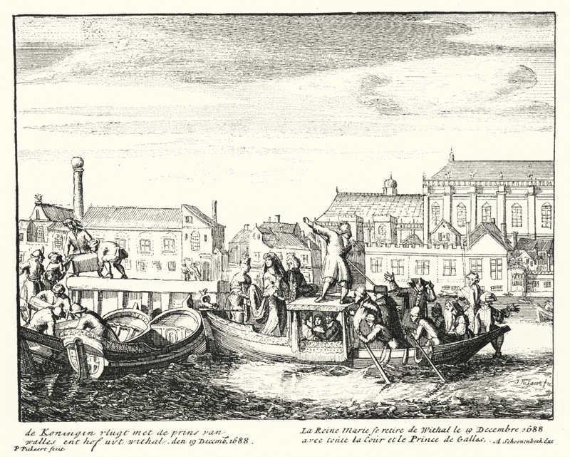 La Reina María, consorte del Rey Jacobo II, huyendo de Inglaterra con el Príncipe de Gales y toda su corte, diciembre de 1688 de German School