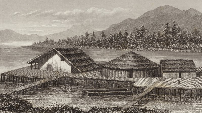 Reconstrucción de un antiguo pueblo lacustre. Ilustración para Bilder-Atlas de German School