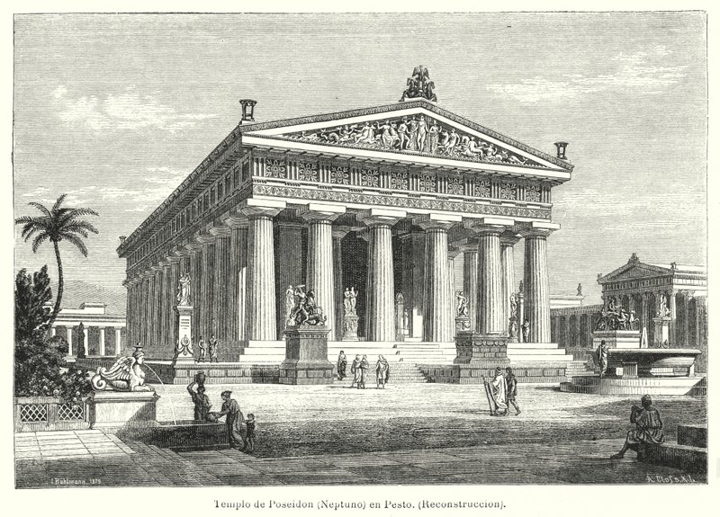 Reconstrucción del antiguo templo griego de Poseidón, Paestum, Italia de German School