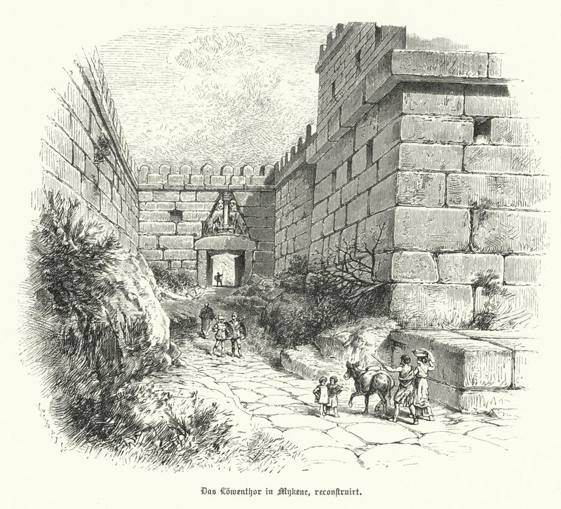 Reconstrucción de la Puerta de los Leones, entrada a la ciudadela de Micenas, Grecia de German School
