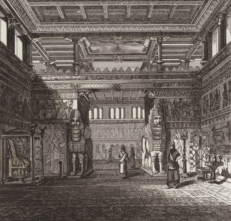 Reconstrucción del salón de un rey asirio. Ilustración para Bilder-Atlas de German School