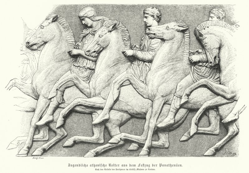 Relieve del friso del Partenón que representa a jóvenes atenienses montando caballos de German School