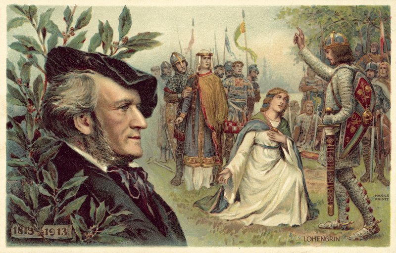 Richard Wagner y una escena de su ópera Lohengrin de German School