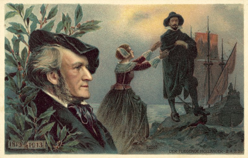 Richard Wagner y una escena de su ópera El holandés errante de German School